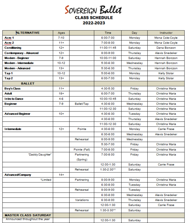 Class Schedule pg 1 - Sovereign Ballet- Erie PA Dance Studio